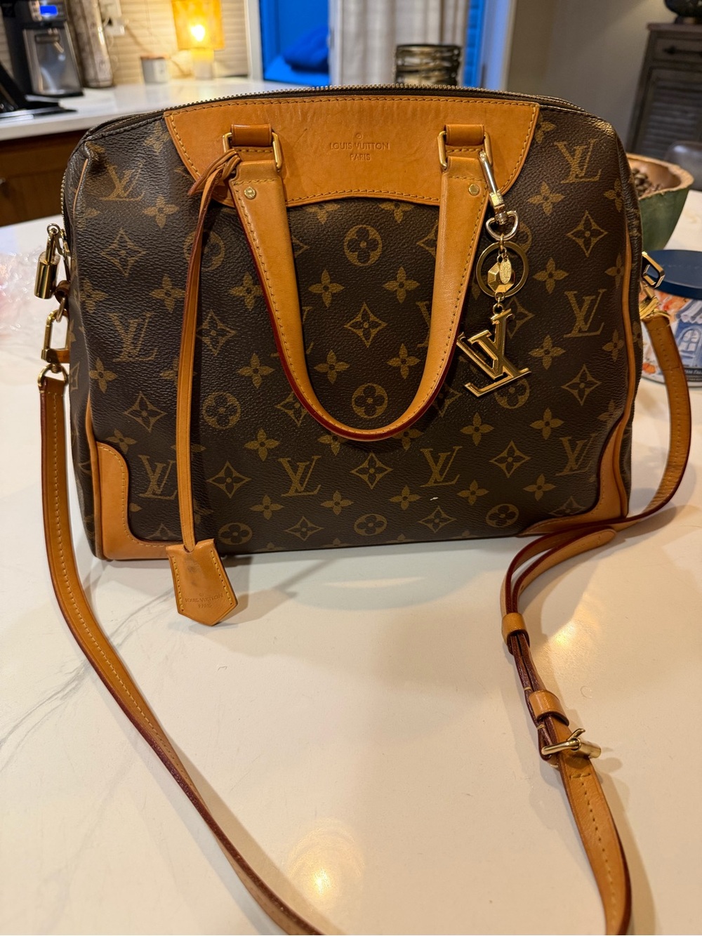 Louis Vuitton Monogram Canvas Satchel with Tan Leather Trim and Gold Charm